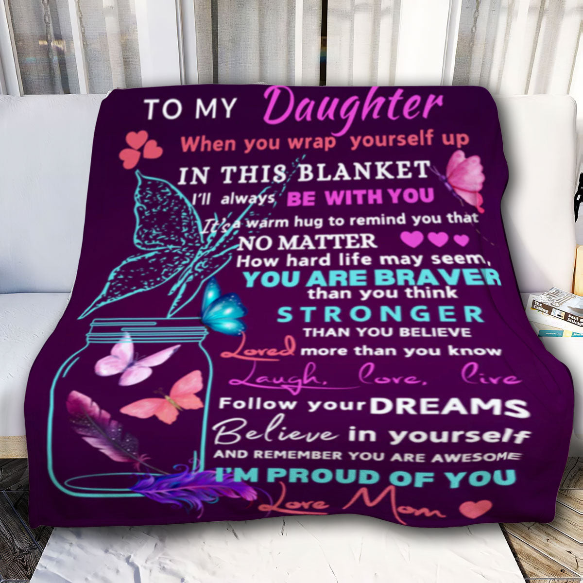 To Daughter From Mom Blanket| Butterflies Plum purple| Daughter's Gift