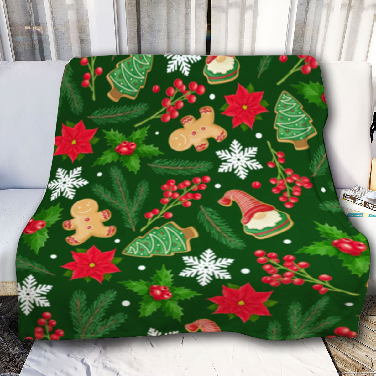 Christmas Blanket|Cute Elf, Holly Berries, Poinsettia, Pine Tree, Mistletoe in Floral Decoration|Christmas Gift