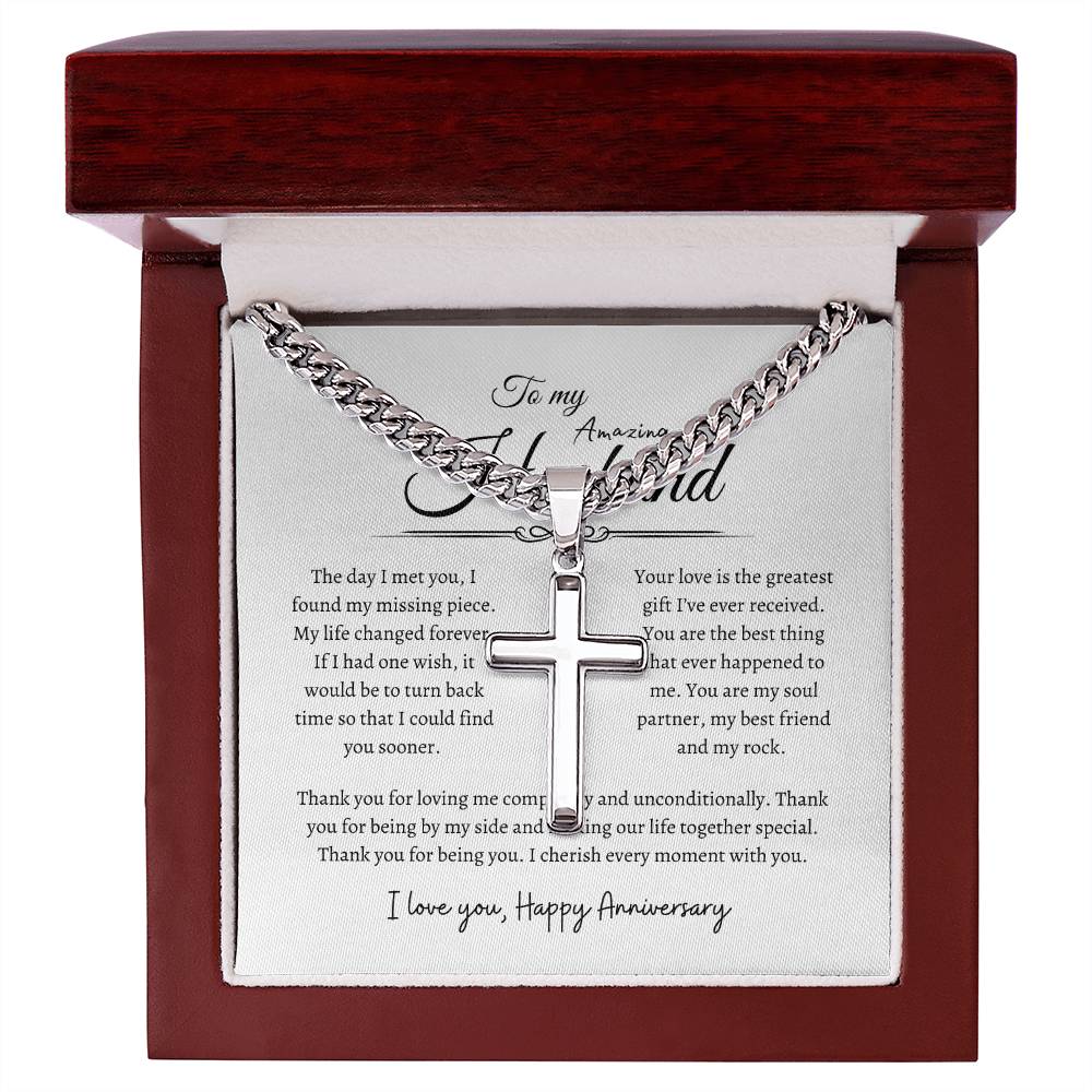 To My Husband, Happy Anniversary, Men's Artisan Cross Necklace on Cuban Chain WH