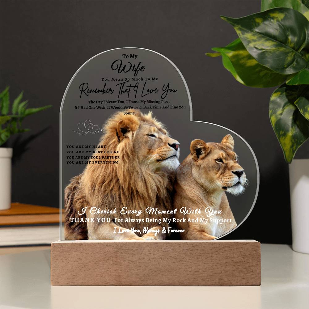 Acrylic Heart LED Plaque - Remember That I Love You -Loving Lion Couple - To My Wife