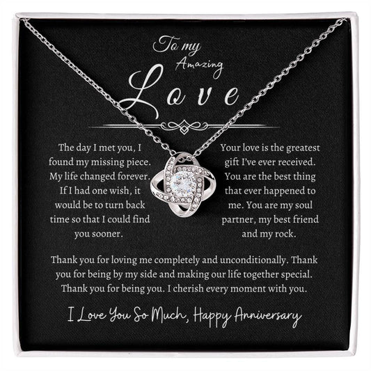 To My Amazing Love, Happy Anniversary, Love Knot Necklace BLK