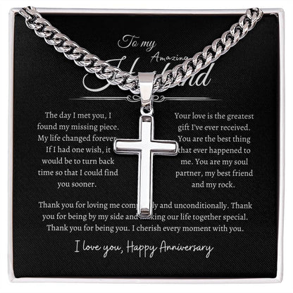 To My Husband, Happy Anniversary, Men's Artisan Cross Necklace on Cuban Chain BLK