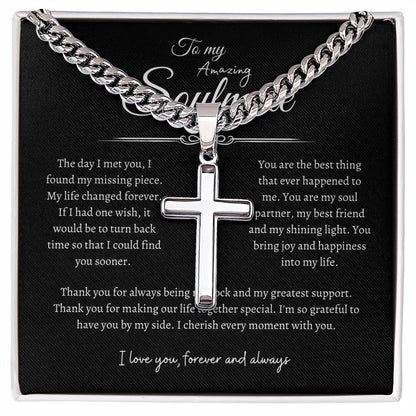 To My Amazing Soulmate, Men's Artisan Cross Necklace on Cuban Chain BLK