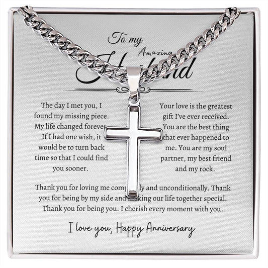 To My Husband, Happy Anniversary, Men's Artisan Cross Necklace on Cuban Chain WH