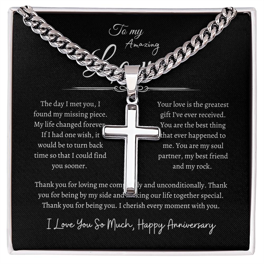 To My Amazing Love, Happy Anniversary, Men's Artisan Cross Necklace on Cuban Chain Blk