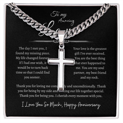 To My Amazing Love, Happy Anniversary, Men's Artisan Cross Necklace on Cuban Chain Blk