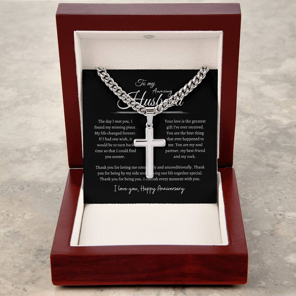 To My Husband, Happy Anniversary, Men's Artisan Cross Necklace on Cuban Chain BLK