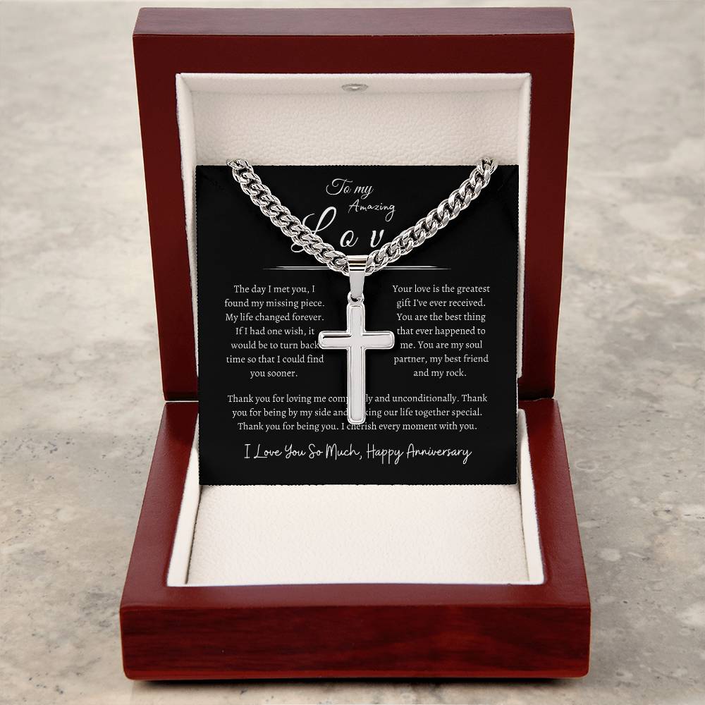 To My Amazing Love, Happy Anniversary, Men's Artisan Cross Necklace on Cuban Chain Blk