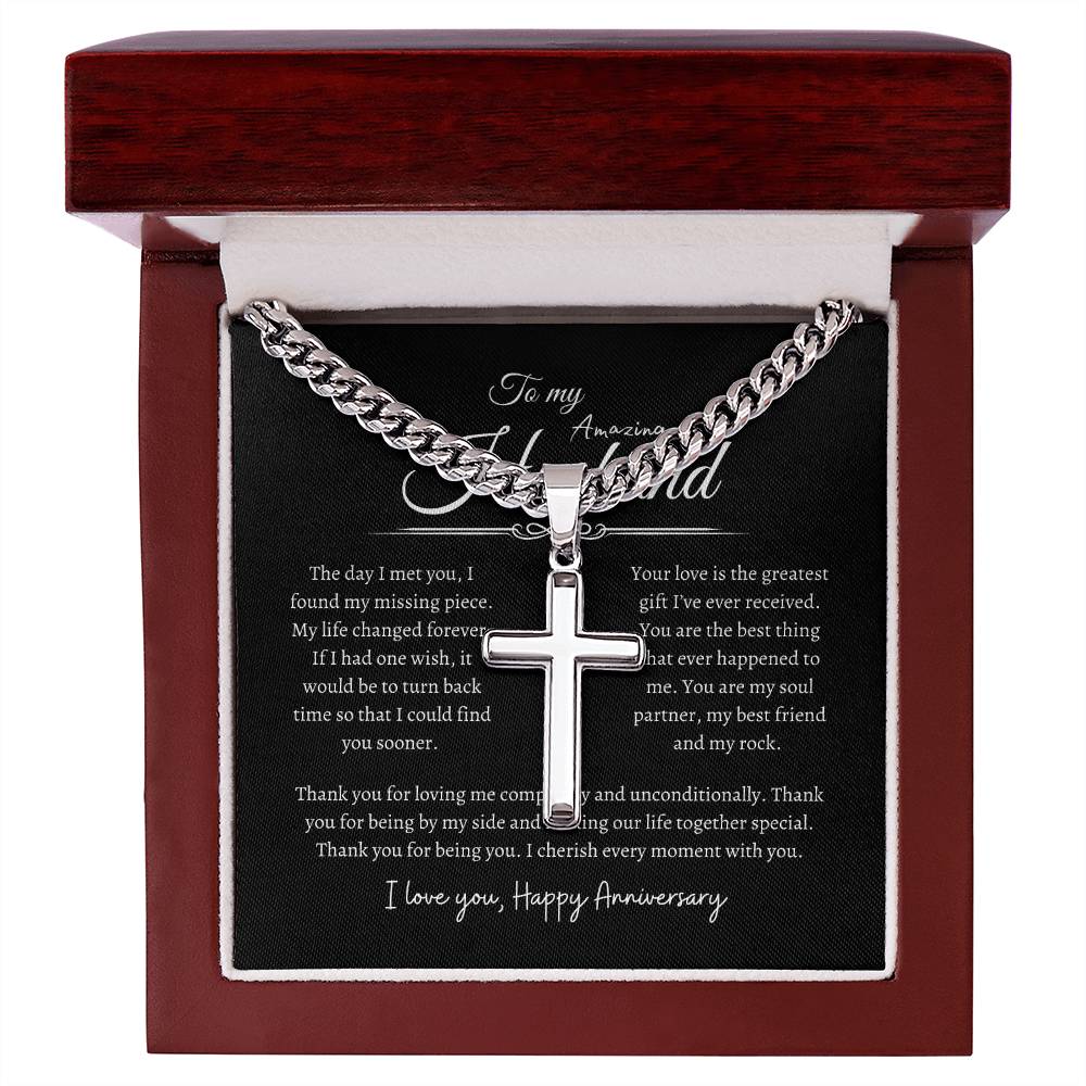 To My Husband, Happy Anniversary, Men's Artisan Cross Necklace on Cuban Chain BLK