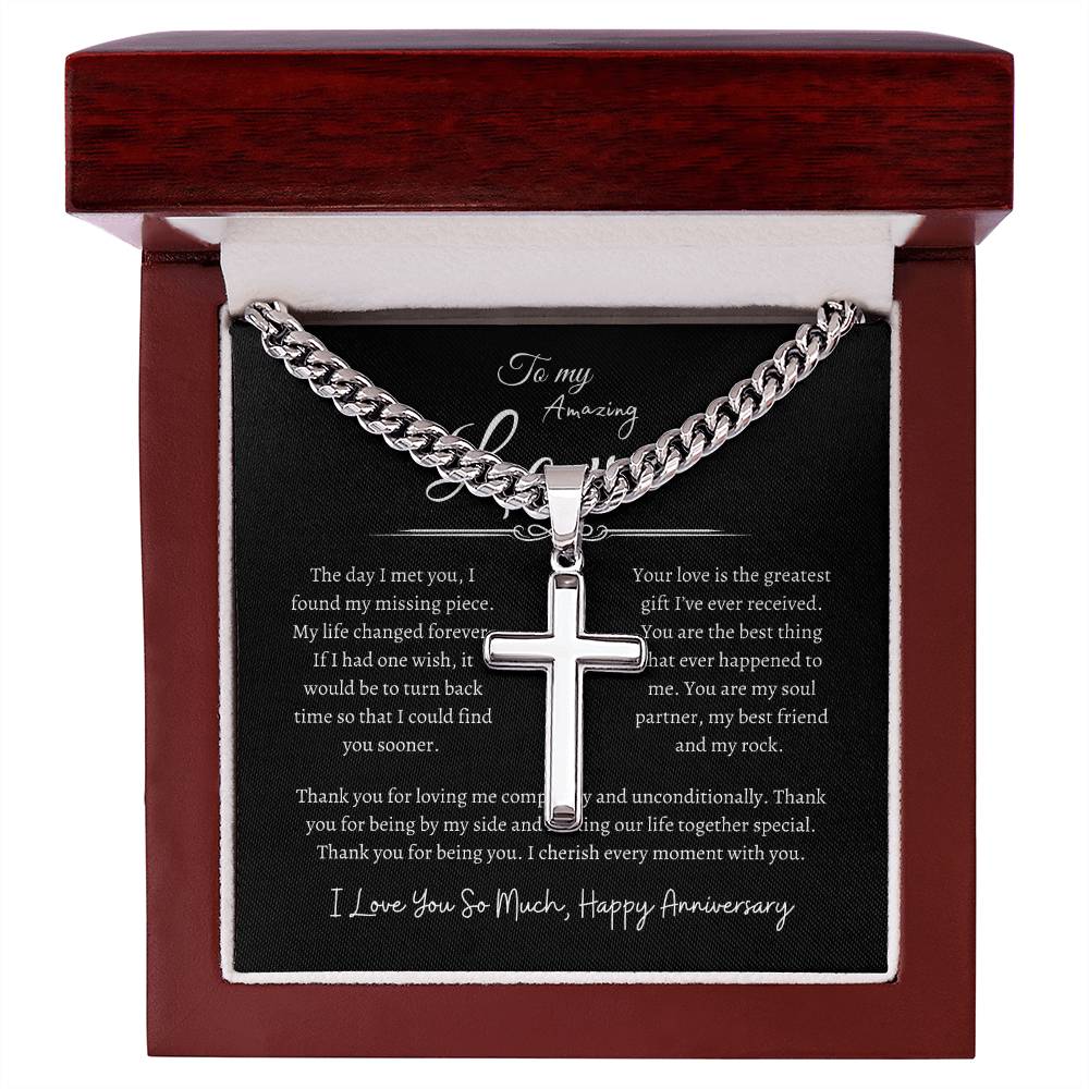 To My Amazing Love, Happy Anniversary, Men's Artisan Cross Necklace on Cuban Chain Blk