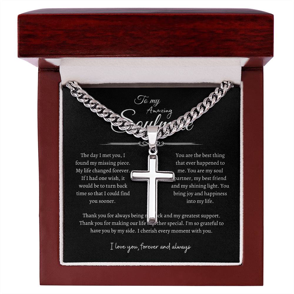 To My Amazing Soulmate, Men's Artisan Cross Necklace on Cuban Chain BLK