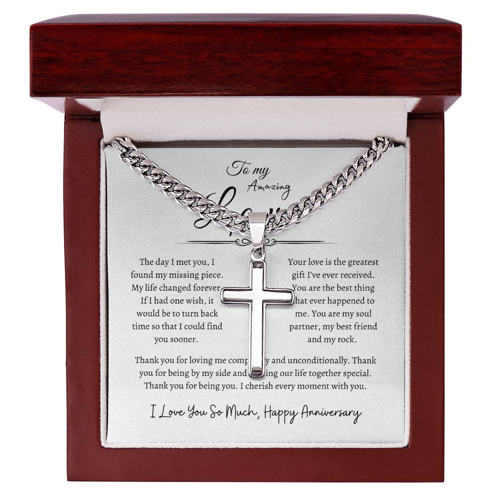 To My Amazing Love, Happy Anniversary, Men's Artisan Cross Necklace on Cuban Chain WH