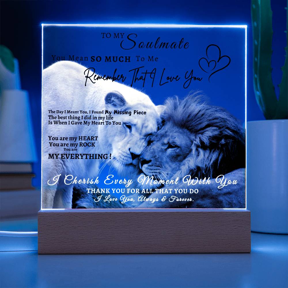 Acrylic Square LED Plaque - Remember That I love - Affectionate Lion Couple- To My Soulmate