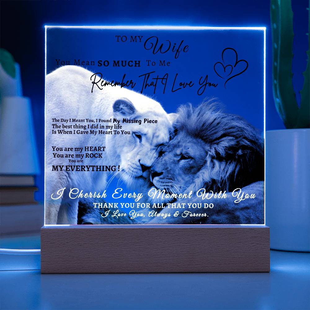 Acrylic Square LED Plaque - Remember That I love - Affectionate Lion Couple- To My Wife