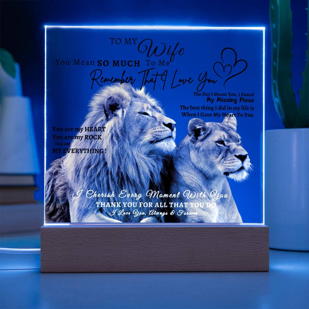 Acrylic Square LED Plaque - Remember That I love - Loving Lion Couple- To My Wife