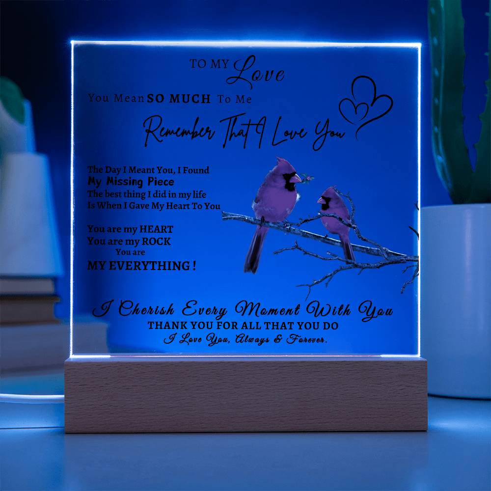 Acrylic Square LED Plaque - Remember That I love - Loving Red Bird Couple- To My Love