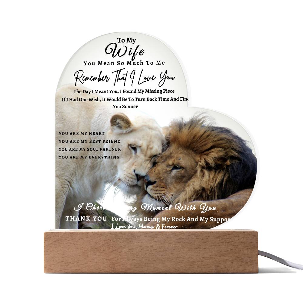 Acrylic Heart LED Plaque - Remember That I Love You -Affectionate Lion Couple - To My Wife