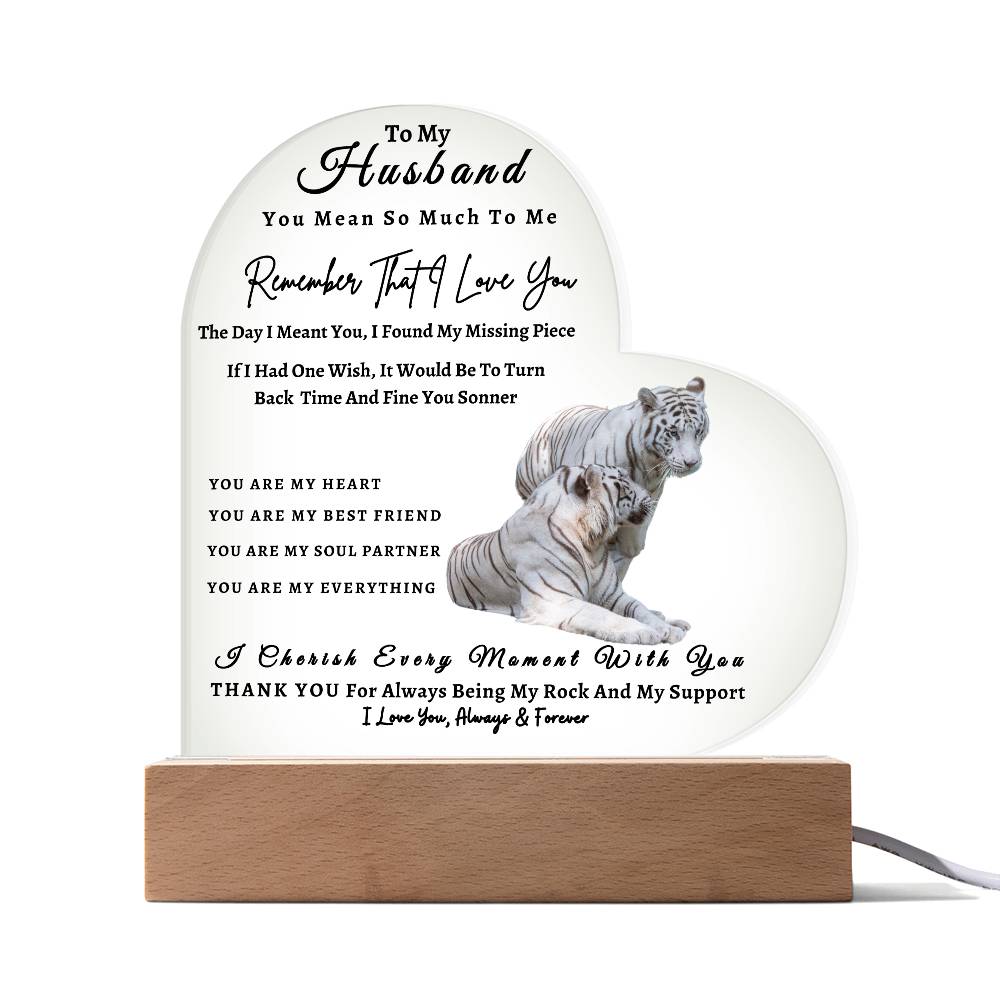 Acrylic Heart LED Plaque - Remember That I Love You -Loving Tiger Couple - To My Husband