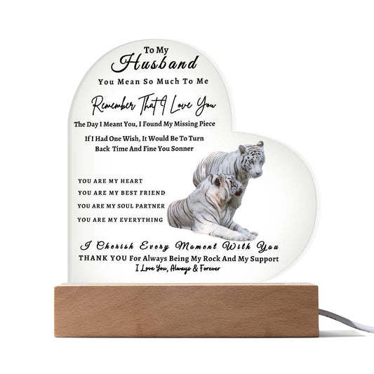 Acrylic Heart LED Plaque - Remember That I Love You -Loving Tiger Couple - To My Husband