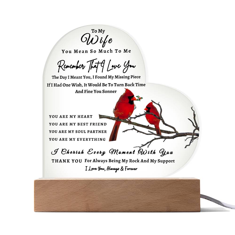 Acrylic Heart LED Plaque - Remember That I Love You - Loving Red Bird Couple - To My Wife