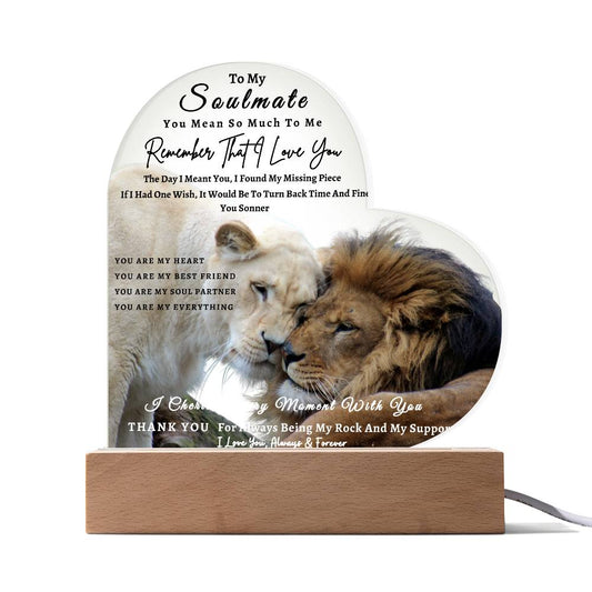 Acrylic Heart LED Plaque - Remember That I Love You -Affectionate Lion Couple - To My Soulmate