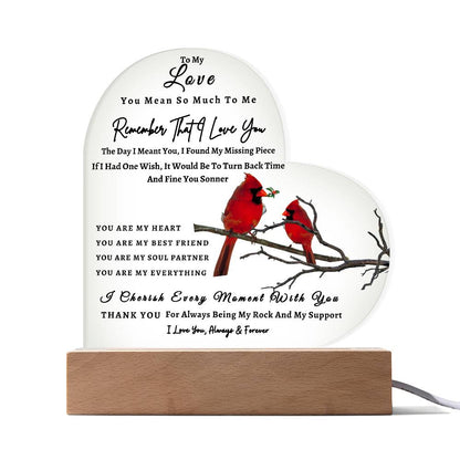 Acrylic Heart LED Plaque - Remember That I Love You - Loving Red Bird Couple - To My Love