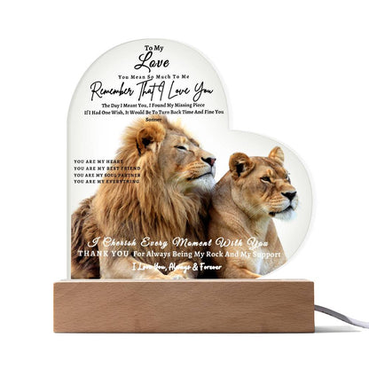 Acrylic Heart LED Plaque - Remember That I Love You -Loving Lion Couple - To My Love