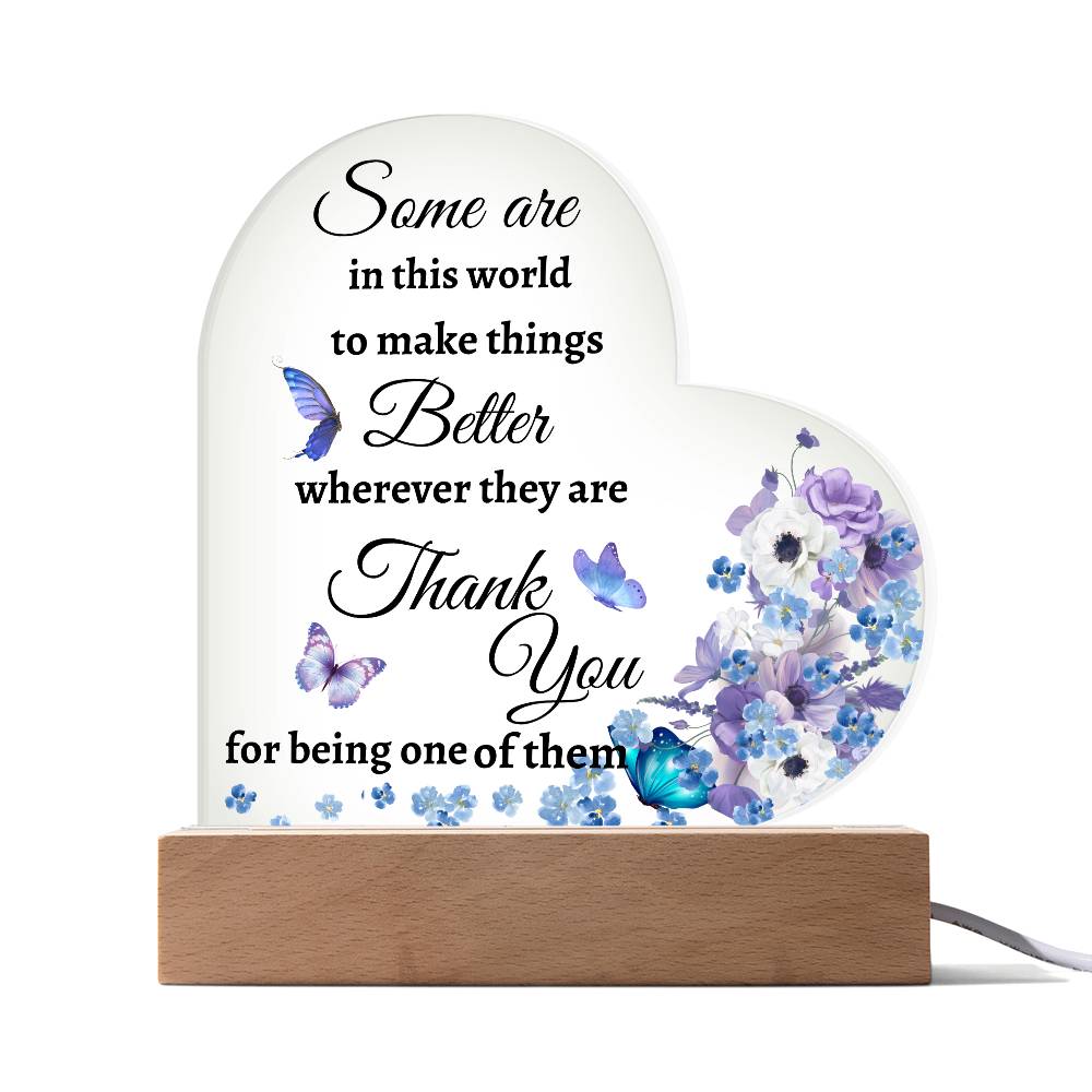 Acrylic Heart LED Plaque - Thank You - purple flowers