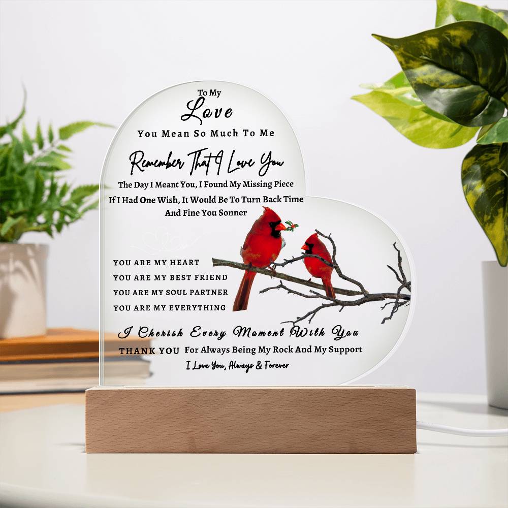 Acrylic Heart LED Plaque - Remember That I Love You - Loving Red Bird Couple - To My Love