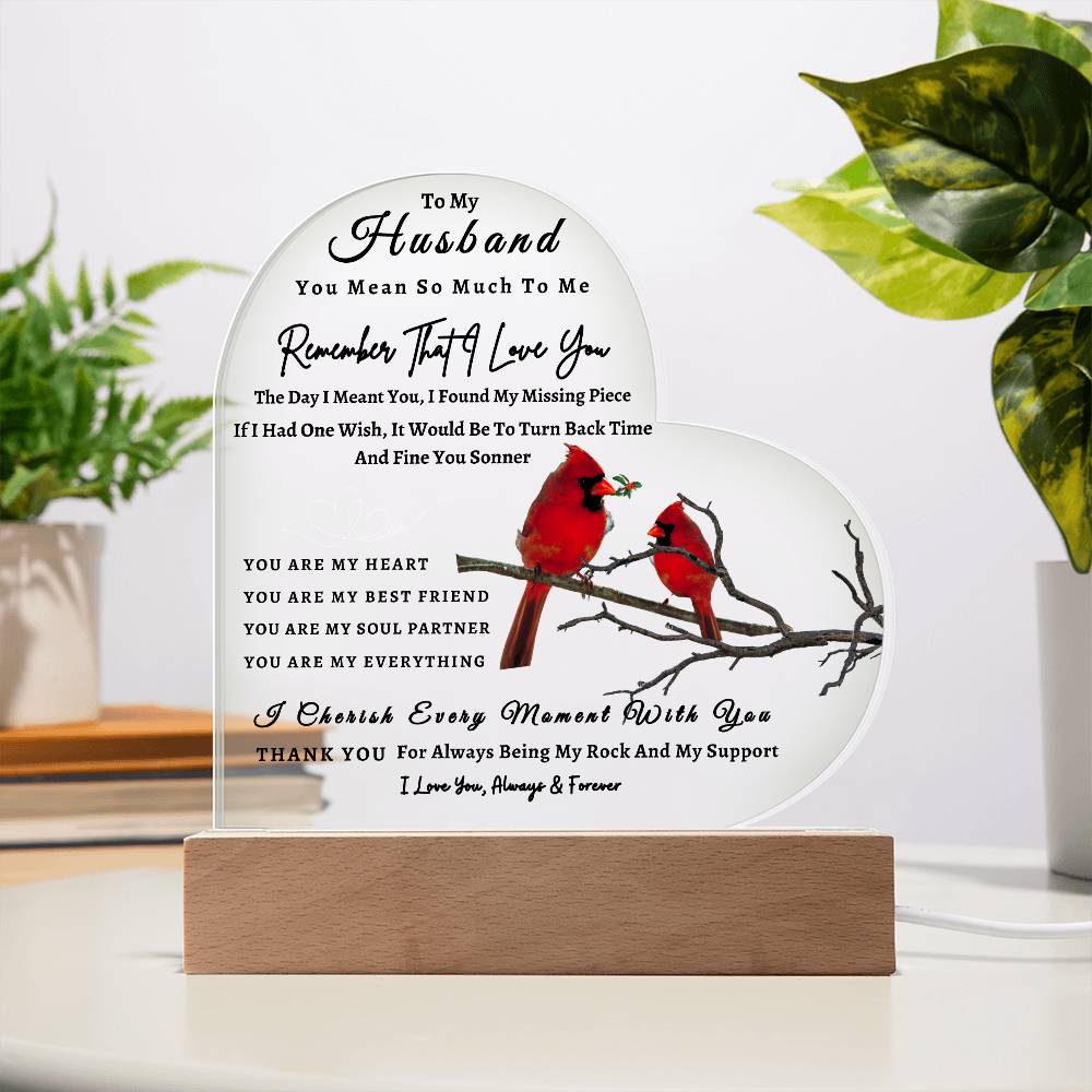 Acrylic Heart LED Plaque - Remember That I Love You - Loving Red Bird Couple - To My Husband