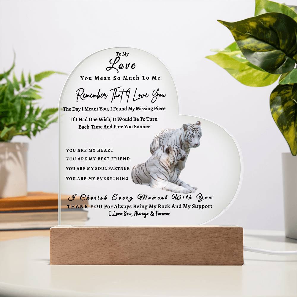 Acrylic Heart LED Plaque - Remember That I Love You -Loving Tiger Couple - To My Love