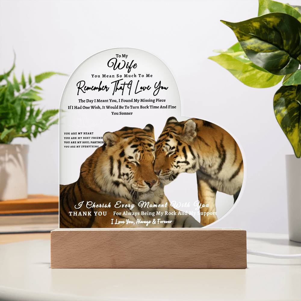 Acrylic Heart LED Plaque - Remember That I Love You -Affectionate Tiger Couple - To My Wife