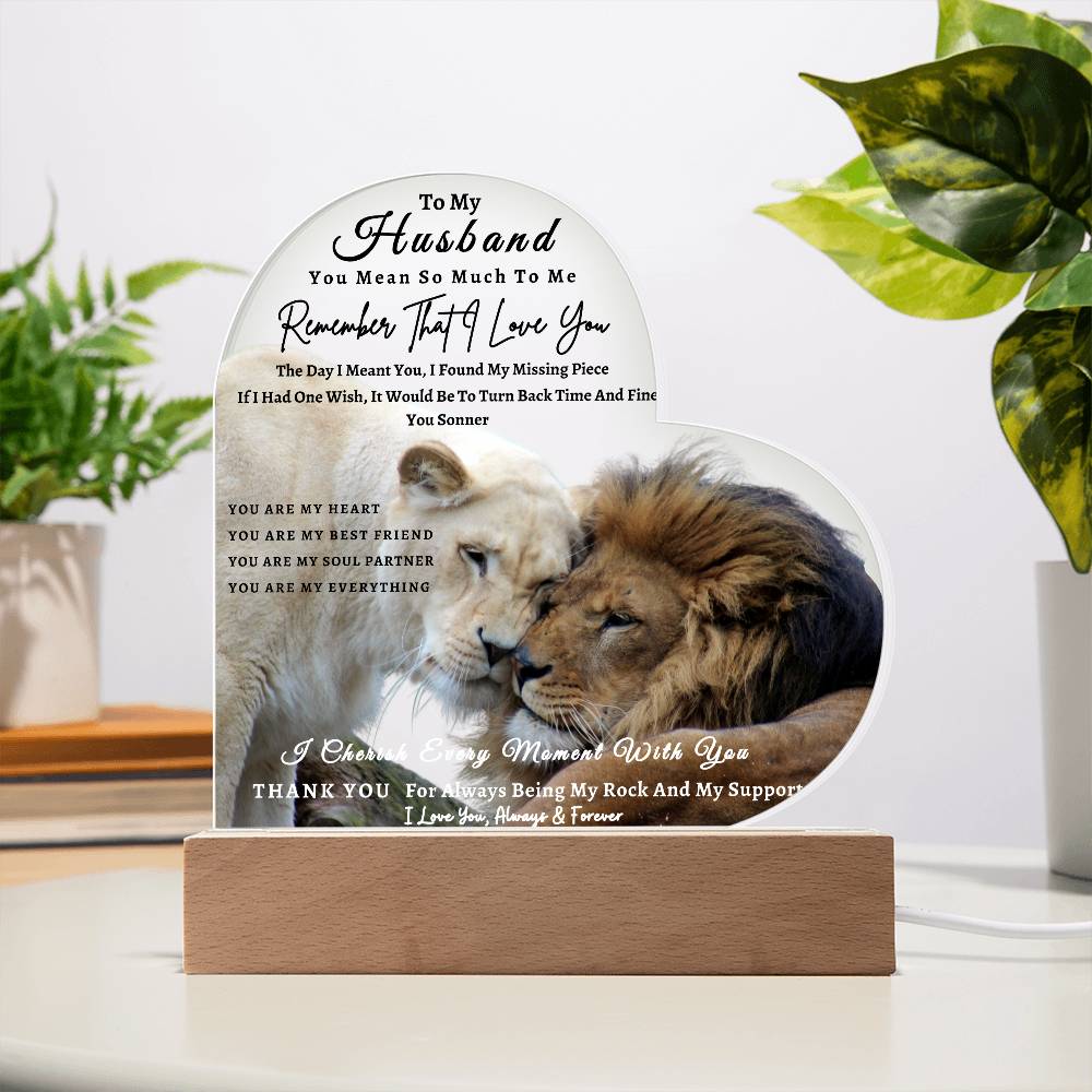 Acrylic Heart LED Plaque - Remember That I Love You -Affectionate Lion Couple - To My Husband