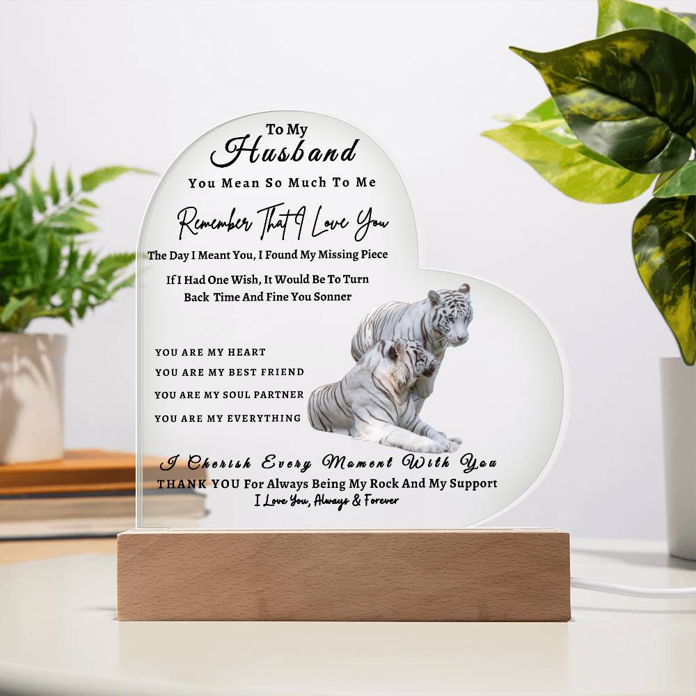 Acrylic Heart LED Plaque - Remember That I Love You -Loving Tiger Couple - To My Husband