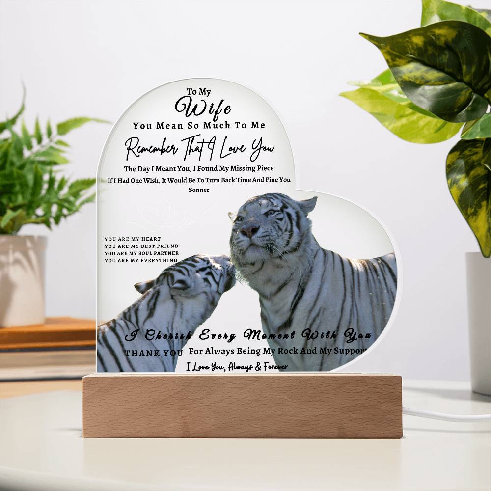 Acrylic Heart LED Plaque - Remember That I Love You -Kissing Tiger Couple - To My Wife