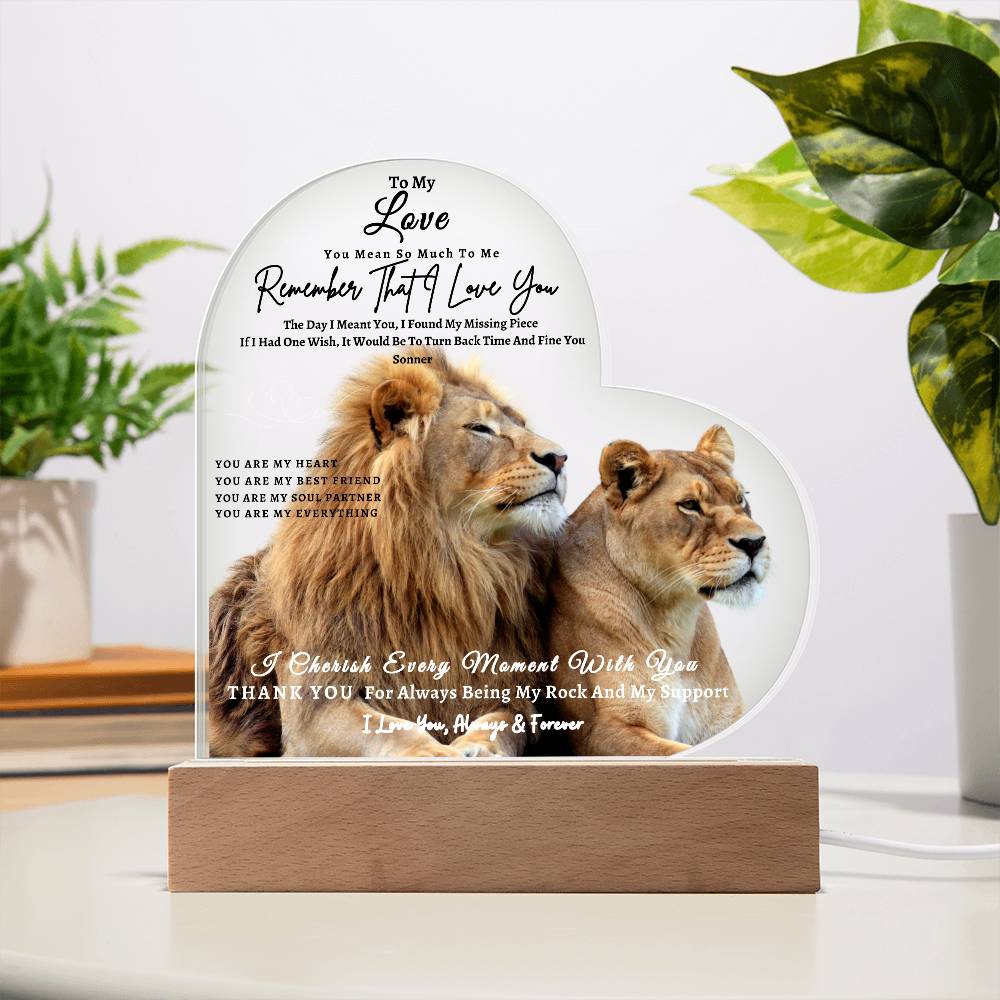 Acrylic Heart LED Plaque - Remember That I Love You -Loving Lion Couple - To My Love