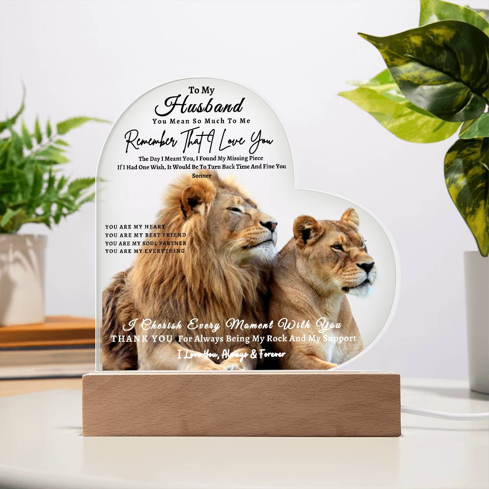 Acrylic Heart LED Plaque - Remember That I Love You -Loving Lion Couple - To My Husband