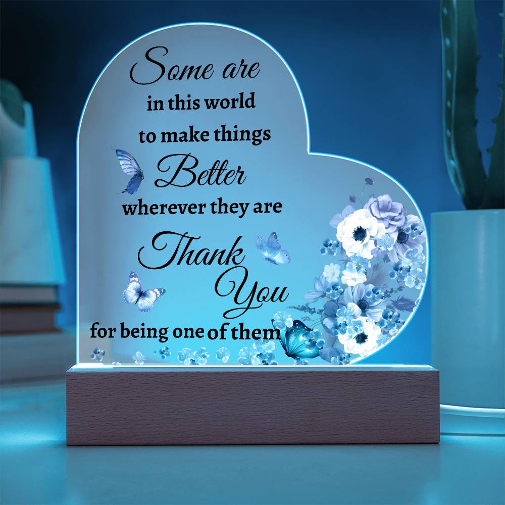 Acrylic Heart LED Plaque - Thank You - purple flowers