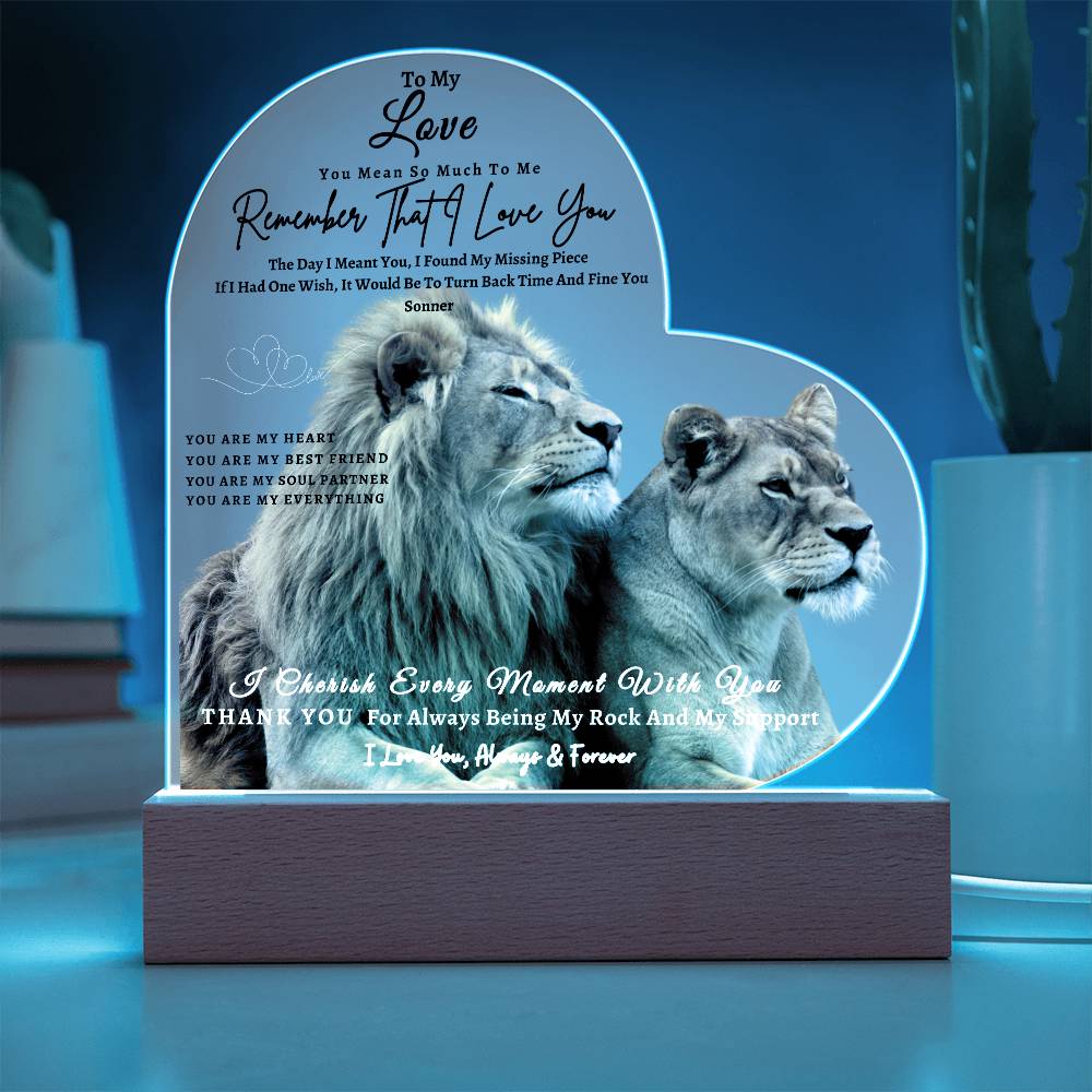 Acrylic Heart LED Plaque - Remember That I Love You -Loving Lion Couple - To My Love