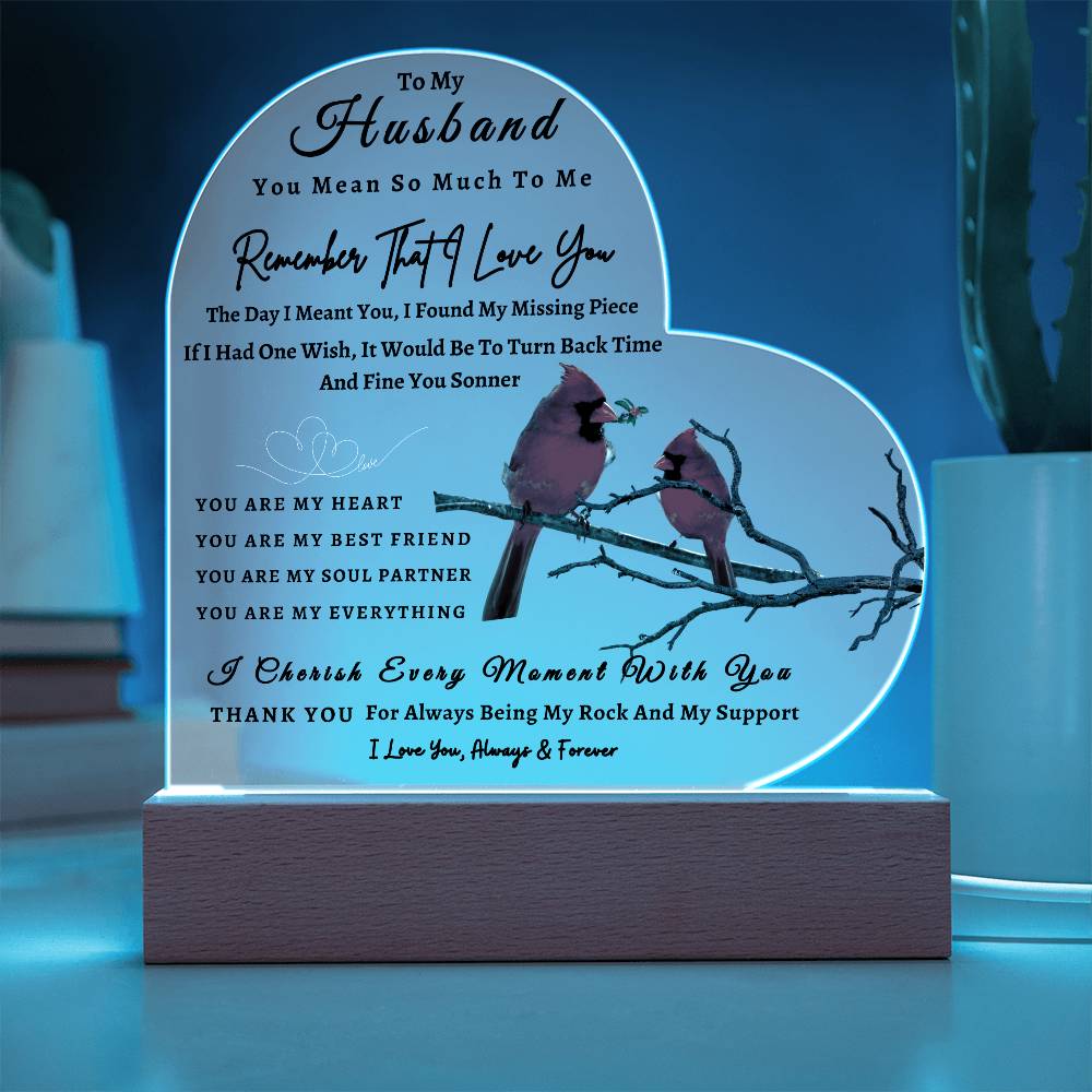 Acrylic Heart LED Plaque - Remember That I Love You - Loving Red Bird Couple - To My Husband