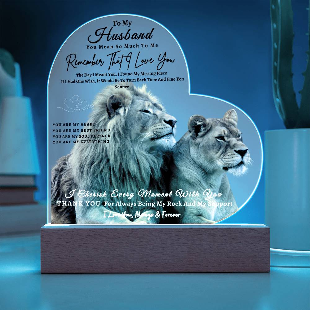 Acrylic Heart LED Plaque - Remember That I Love You -Loving Lion Couple - To My Husband