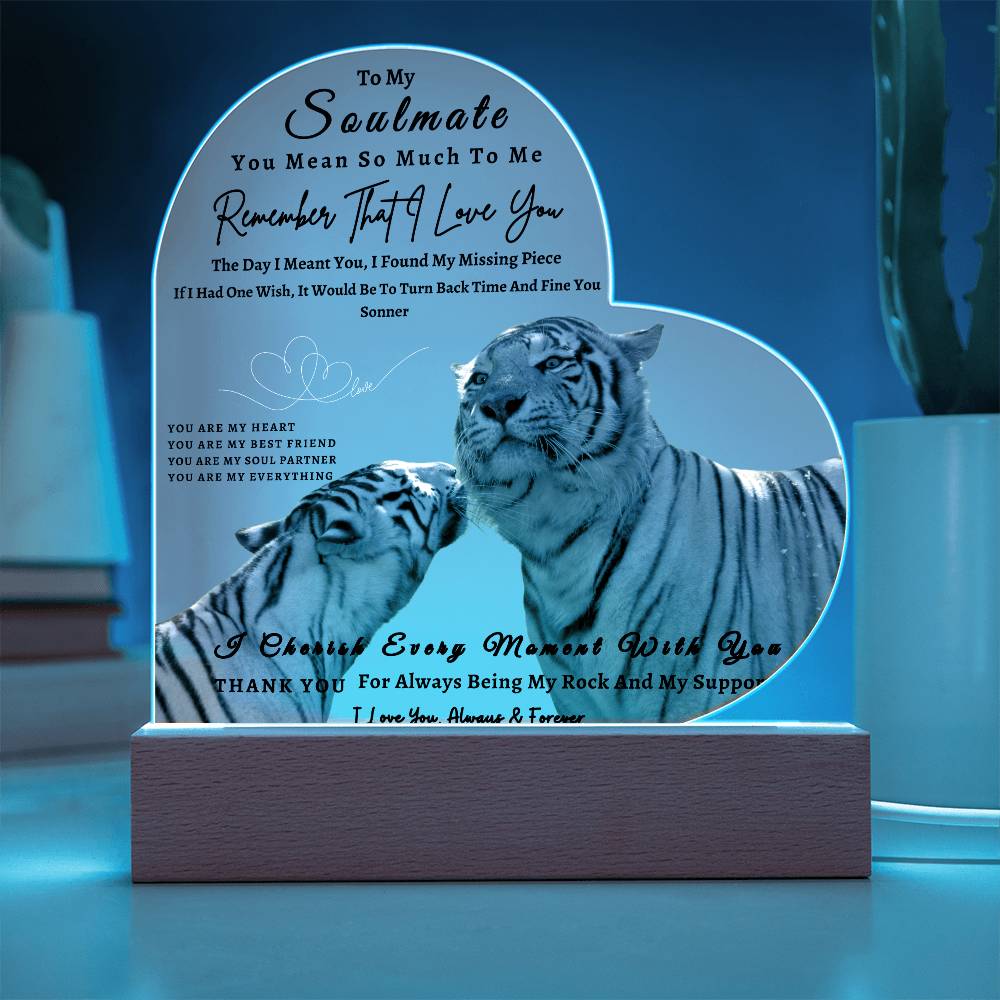 Acrylic Heart LED Plaque - Remember That I Love You -Kissing Tiger Couple - To My Soulmate