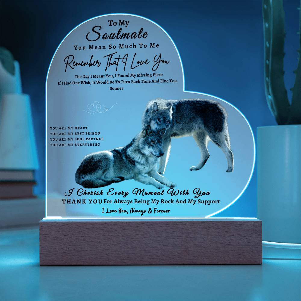 Acrylic Heart LED Plaque - Remember That I Love You - Affectionate Wolf Couple - To My Soulmate