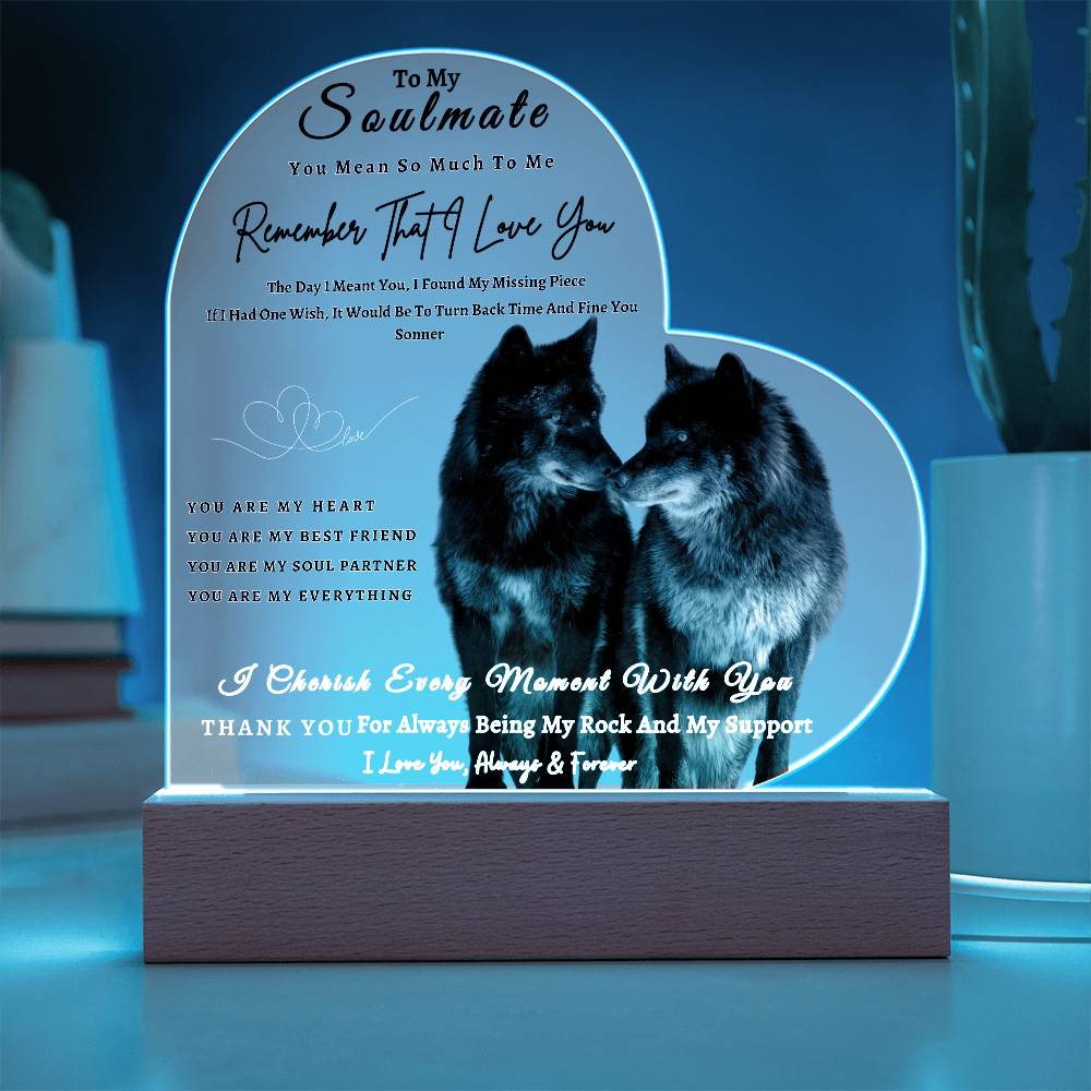 Acrylic Heart LED Plaque - Remember That I Love You - Kissing Wolf Couple - To My Soulmate