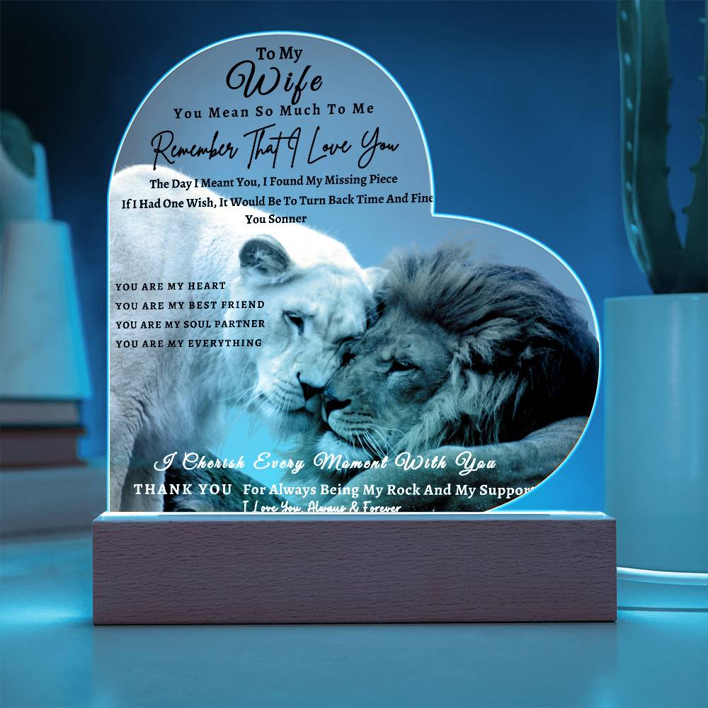 Acrylic Heart LED Plaque - Remember That I Love You -Affectionate Lion Couple - To My Wife