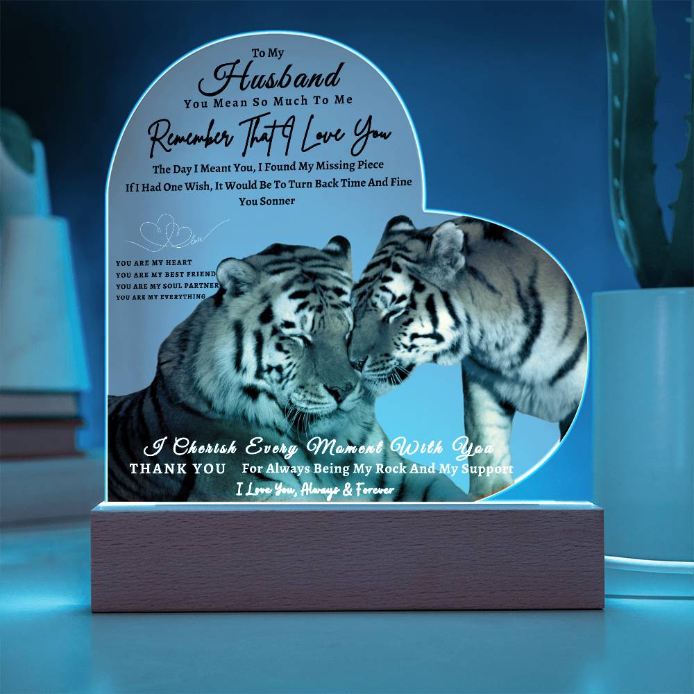 Acrylic Heart LED Plaque - Remember That I Love You -Affectionate Tiger Couple - To My Husband