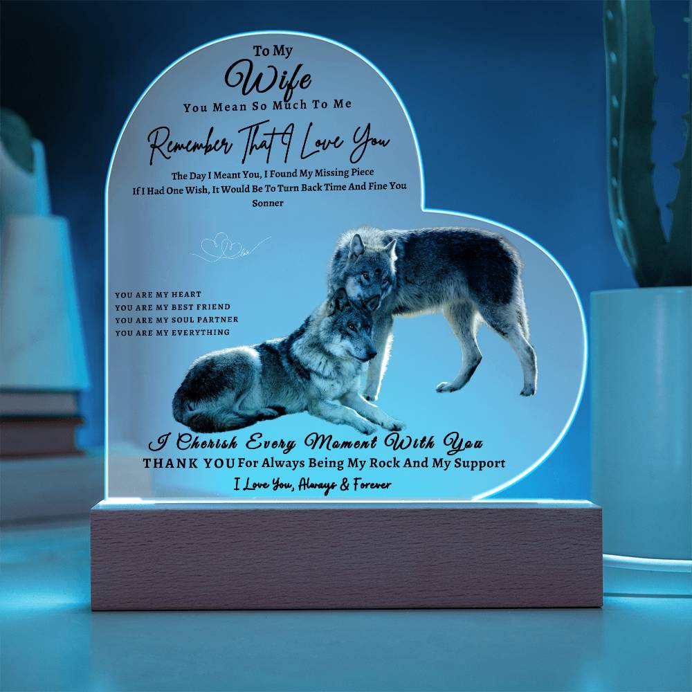 Acrylic Heart LED Plaque - Remember That I Love You - Affectionate Wolf Couple- To My Wife