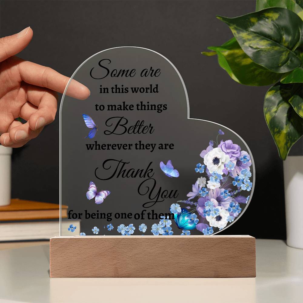 Acrylic Heart LED Plaque - Thank You - purple flowers