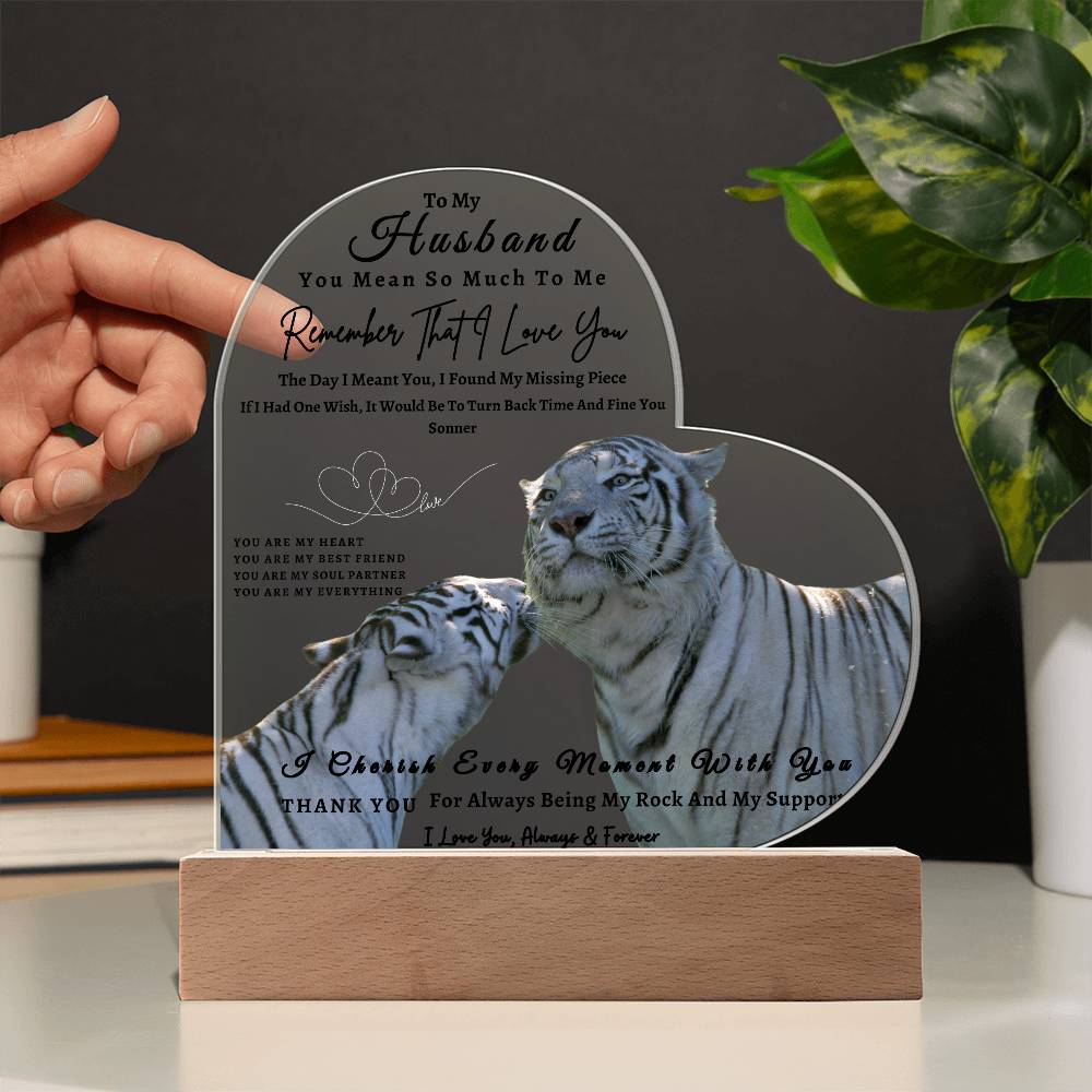 Acrylic Heart LED Plaque - Remember That I Love You -Kissing Tiger Couple - To My Husband