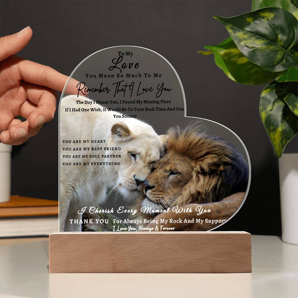 Acrylic Heart LED Plaque - Remember That I Love You -Affectionate Lion Couple - To My Love